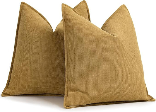 ZWJD Mustard Yellow Throw Pillow Covers 24x24 Set of 2 Chenille Pillow Covers with Elegant Design Soft and Luxurious Decorative Throw Pillows for Couch, Bed, and Home Decor