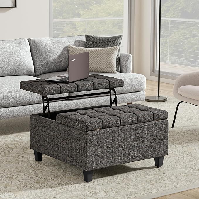 SIMPLIHOME Harrison 30 inch Wide Transitional Square Small Coffee Table Storage Ottoman in Ebony Tweed Polyester, Assembled, for The Living Room and Bedroom