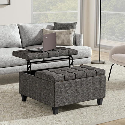 SIMPLIHOME Harrison 30 inch Wide Transitional Square Small Coffee Table Storage Ottoman in Ebony Tweed Polyester, Assembled, for The Living Room and Bedroom