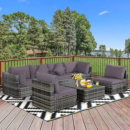 Tangkula 7 Pieces Patio Rattan Furniture Set, Patiojoy Outdoor Conversation Set with Cushions and Tempered Glass Coffee Table, All-Weather Sectional Sofa Set for Garden, Lawn, Backyard (Grey)