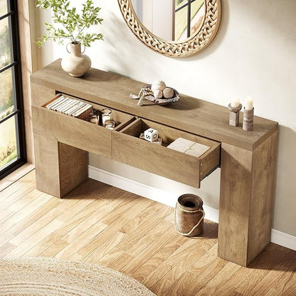 Tribesigns 63-Inch Wooden Console Table with 2 Hidden Drawers, Farmhouse Rustic Brown Sofa Table for Living Room, Hallway, Entrance, Foyer, Easy Assembly (Brown)