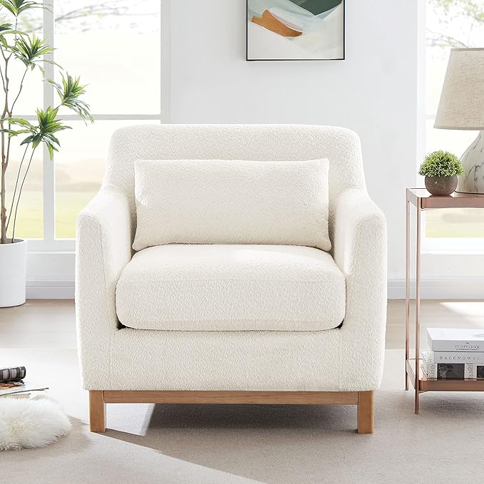 VANOMi Extra Deep Accent Chair, Fabric Upholstered Comfy Reading Armchair for Living Room, Bedroom Single Seat Sofa Chair with Wood Base, Lamb Fabric