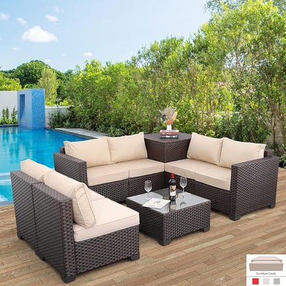 Valita 6 Pieces Patio PE Wicker Furniture Set Outdoor Brown Rattan Sectional Conversation Sofa Chair with Storage Table and Beige Cushions