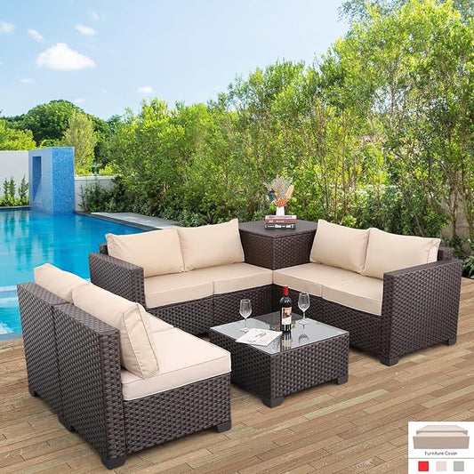 Valita 6 Pieces Patio PE Wicker Furniture Set Outdoor Brown Rattan Sectional Conversation Sofa Chair with Storage Table and Beige Cushions