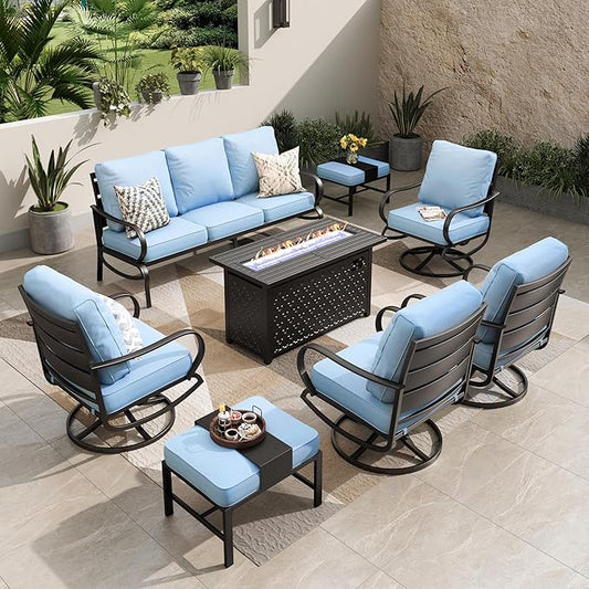 PHI VILLA Patio Furniture Set with Fire Pit Table,1x 3-Seat Wide Deep Seating Bench Sofa, 4 Swivel Sofa Chair, 1 Fire Pit Table,Outdoor Conversation Set for 9,Light Blue