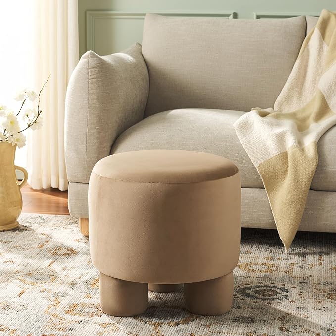 SAFAVIEH Home Collection Naref Tan Brown Velvet Round Ottoman