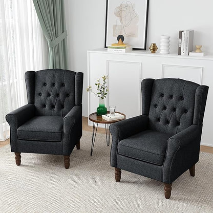 High Back Accent Chairs Set of 2, High Wingback Chair for Living Room, Button-Tufted Upholstered Fabric Armchair with Solid Wood Legs, Comfy Single Sofa Reading Chair for Bedroom, Dark Navy