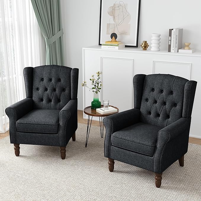 High Back Accent Chair, High Wingback Chair for Living Room, Button-Tufted Upholstered Fabric Armchair with Solid Wood Legs, Comfy Single Sofa Reading Chair for Bedroom, Dark Navy
