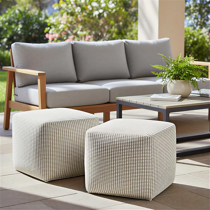 SIMPLIHOME Zelma Pouf - 18 inch Wide Upholstered Recycled PET Polyester Square Pouf Ottoman in Dune Beige, Boho Indoor/Outdoor Footstool for Patio or Living Room with Handwoven Design, Assembled