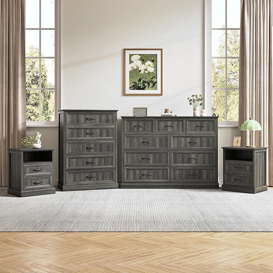 Farmhouse Dresser and Nightstand Sets, 4Pcs Bedroom Furniture Set, Nightstand Set of 2 & 55" Wide 9 Drawer and 44" Tall 5 Drawer Dresser with Large Drawers & Bar Handles, Grey