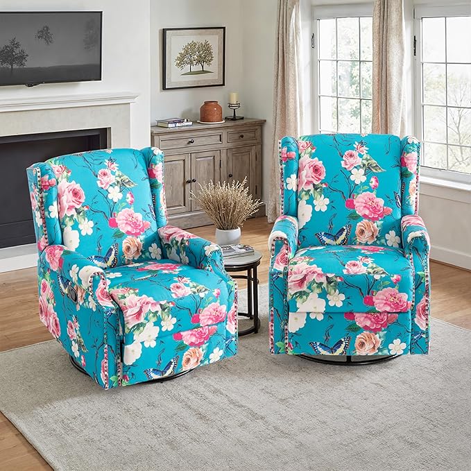 Lumibee Recliner Chairs Set of 2, 360° Swivel Rocker Recliner Chair with Footrest High Back, Comfy Upholstered Glider Rocking Chair for Living Room Bedroom (Peacock Blue)
