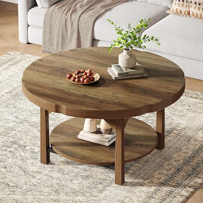 Tribesigns Round Coffee Table, 2-Tier Farmhouse Center Table with Storage Shelf, Rustic Wooden Cocktail Tables for Living Room