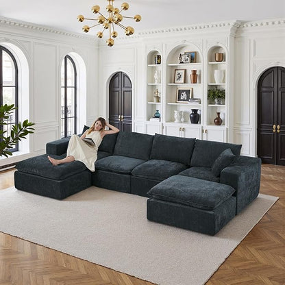 108" Sectional Couches for Living Room Boneless Couch Upholstered Cloud Couch Sectional Modular Sectional Sofa with L Shaped (Chenille-Blue, 4 Seat+2 Ottoman)