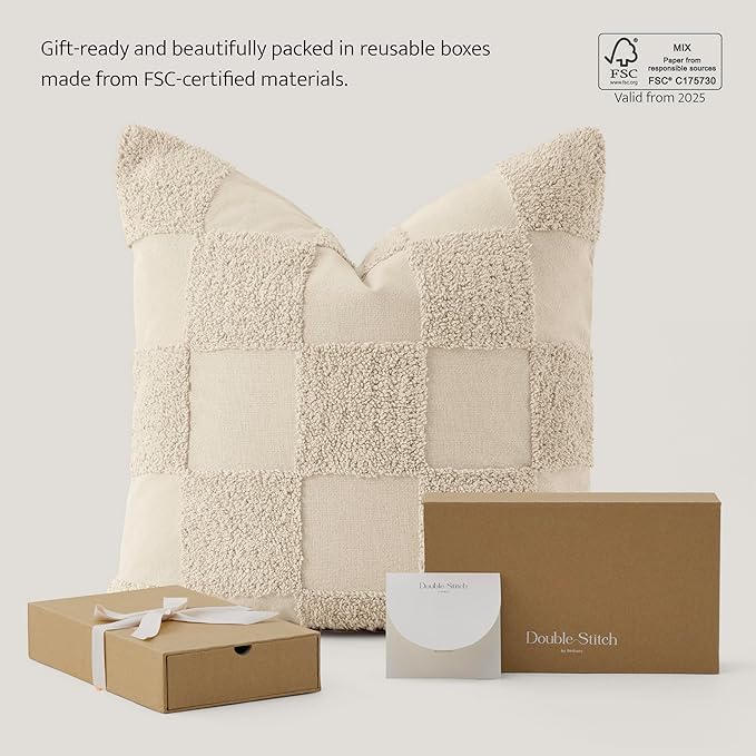 Double Stitch 100% Cotton Throw Pillow Covers - Checkered Tufted Boho Decorative Pillow Covers 20x20, Made in India, Square Cushion Case, Modern Home Decor for Couch, Sofa, Living Room, Beige