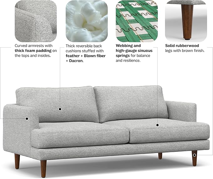 SIMPLIHOME Livingston 76-inch Wide Sofa in Mist Grey Woven-Blend Fabric, Handcrafted Loveseat Couch for Living Room or Family Room, Mid-Century Modern Style, Solid Wood Frame
