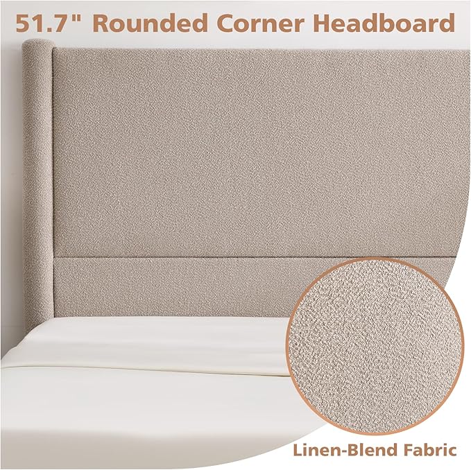VELOCAVA King Size Upholstered Bed Frame with 51.77" Tall Headboard and Soft Rounded Corners, 2 Storage Drawers, 12-Slat Support, No Box Spring Needed, Linen-Blend Fabric, Beige