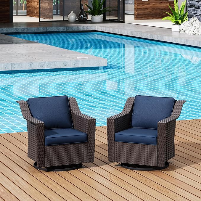 Patio 2 Pieces Wicker Swivel Chairs Set of 2，Outdoor PE Rattan Rocking Glider Armchairs, Water-Resistant Cushions with Removable and Washable Covers, Porch, Balcony, Sunroom (Navy Blue)