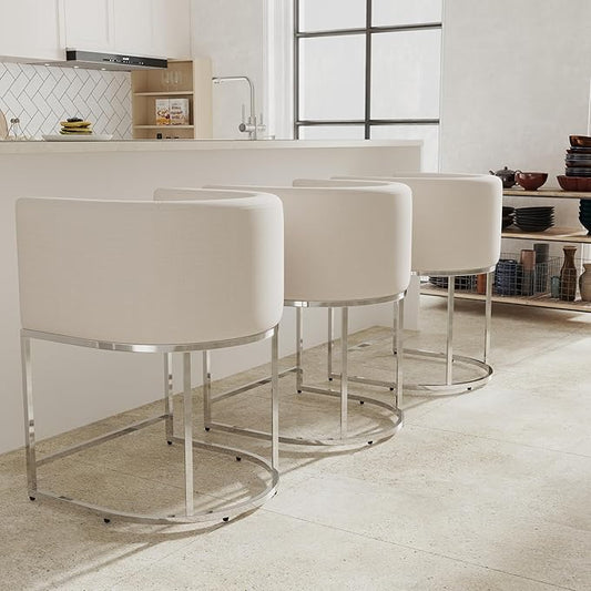 Contemporary Cream Linen Bar Stools Set of 3, 24" Upholstered Fabric Counter Height Barstools Kitchen Counter Island Stools with Screwed Together Chrome Finish Base