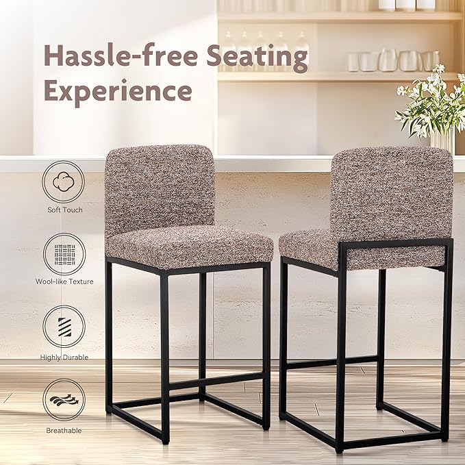 ALPHA HOME 24" Bar Stools Set of 2 Kitchen Counter Stools with Back, Counter Height Stools with Upholstered Footrest for Kitchen Island, Metal Steel Frame, Chenille, Brown
