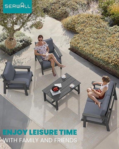 SERWALL 4 Piece HDPE Outdoor Furniture Set, All Weather Wood-Like Outdoor Sofa Sectional Couch, Grey Patio Furniture Set with Grey Cushions