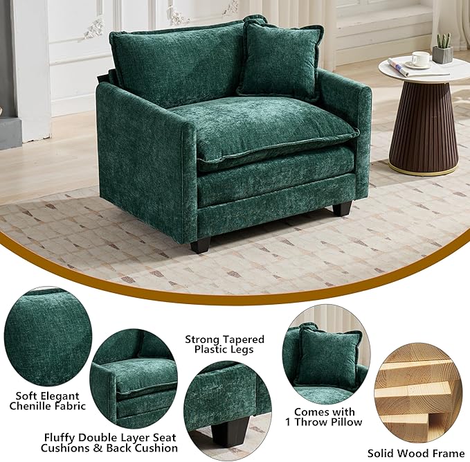 Aoowow Chenille Upholstered Accent Chair Oversized,Fluffy Single Cloud Sofa Chairs with Deep Seat,Modern Large Reading Arm Chair with Throw Pillow for Living Room,Bedroom (Green, Single Sofa Chair)
