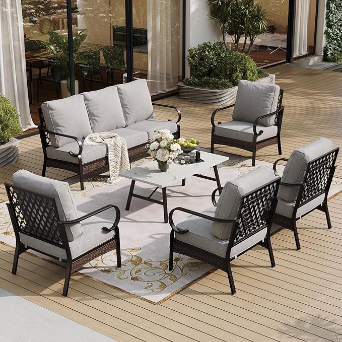 6 Piece Metal Outdoor Patio Furniture Sets, Patio Conversation Sets 1 3-Seater Sofa, 4 Single Sofa with 5.75" Thick Cushion & Coffee Table, Black Frame Backyard Furniture, Light Gray
