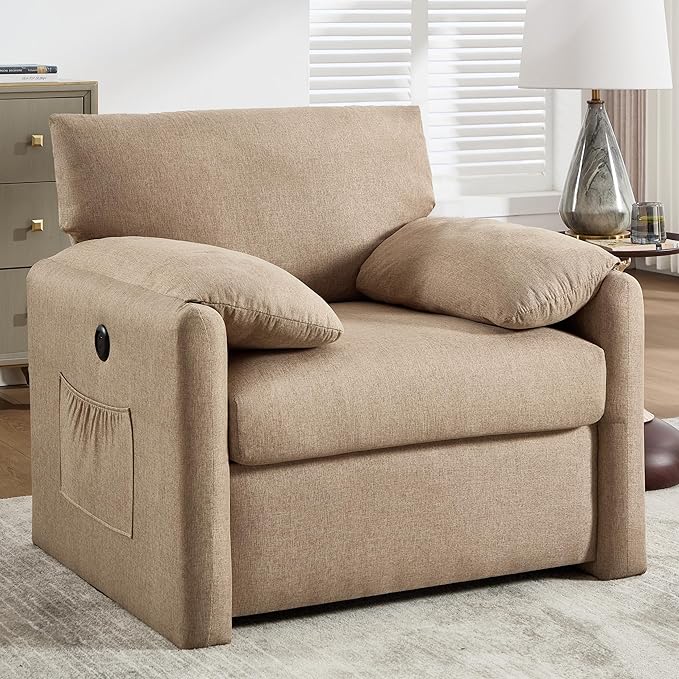 Oversized Accent Chair Mid-Century Modern Armchair for Living Room,USB and Type-C Ports,Comfy Reading Chairs for Bedroom with Side Pockets,Extra-Wide Single Sofa Chair(Khaki, Set of 1)