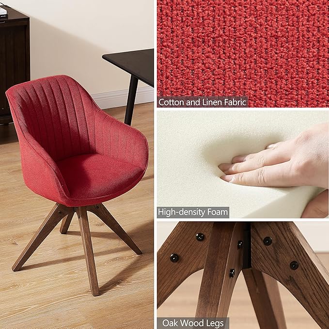 Zouron Mid Century Modern Accent Chair with Wooden Legs, Upholstered Swivel Chair No Wheels, Side Accent Armchair Vanity Chair for Small Space Home Office Living Room Bedroom, Red