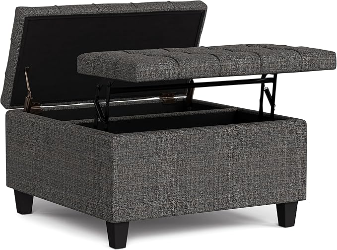 SIMPLIHOME Harrison 30 inch Wide Transitional Square Small Coffee Table Storage Ottoman in Ebony Tweed Polyester, Assembled, for The Living Room and Bedroom