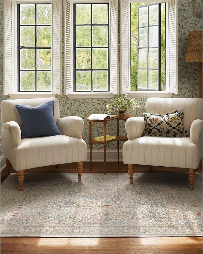 RUGGABLE x Morris & Co Washable Area Rug – Blackthorn Ivory Blue 6x9, Stain-Resistant, Non-Slip – Medium Machine Washable Rugs for Living Room, Bedroom, Hallway, Entryway & Office–with Standard Pad