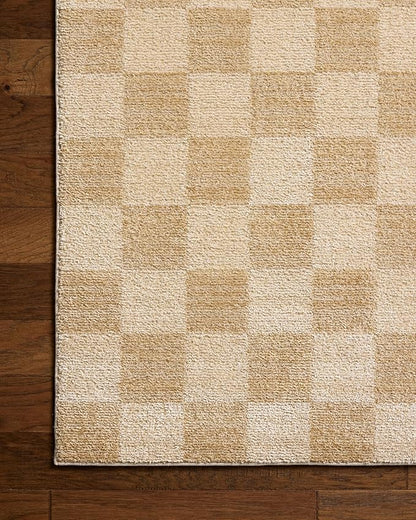 Loloi Chris Loves Julia Calvin Collection CLV-01 Wheat/Ivory 5'-3" x 5'-3" Round Area Rug Checkered Neutral Soft Living Room Bedroom Carpet