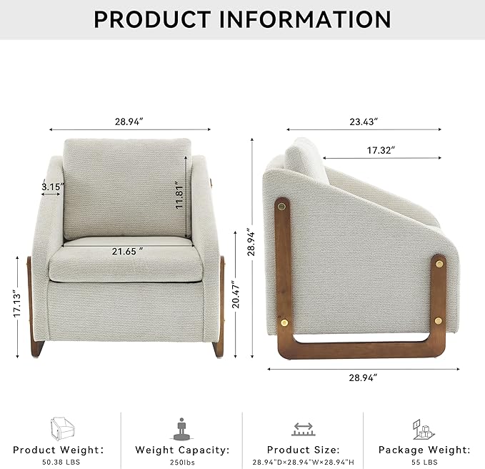 Modern Upholstered Armchair with Wooden Frame, 29" W x 29" D x 29" H, Light Gray Chenille Fabric, Living Room Accent Chair
