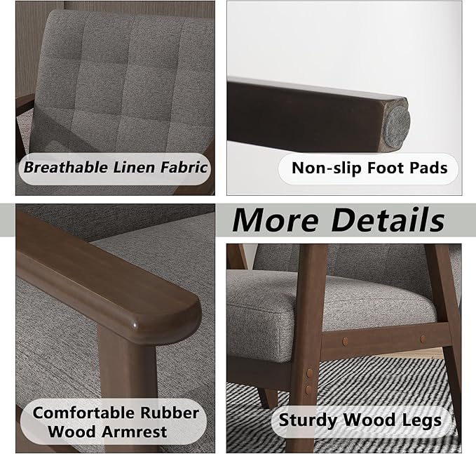 Modern Accent Chair with Wooden Table, Upholstered Linen Fabric Leisure Side Chair with Arm Rest and Wooden Frame for Living Room, Bedroom Reading (Gray)