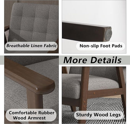 Modern Accent Chair with Wooden Table, Upholstered Linen Fabric Leisure Side Chair with Arm Rest and Wooden Frame for Living Room, Bedroom Reading (Gray)
