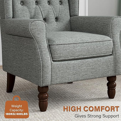 High Back Accent Chairs Set of 2, High Wingback Chair for Living Room, Button-Tufted Upholstered Fabric Armchair with Solid Wood Legs, Comfy Single Sofa Reading Chair for Bedroom, Gray