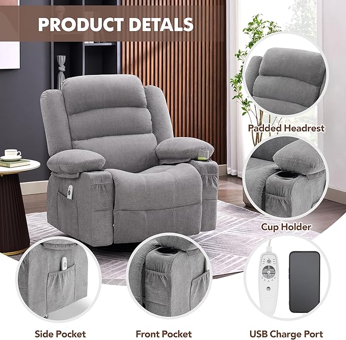 Oversized Recliner Chairs for Adults, 360° Swivel Rocking Recliner with Heat and Massage Lazy Boy Recliner,Recliner Chairs Single Sofa Seat with Cup Holders