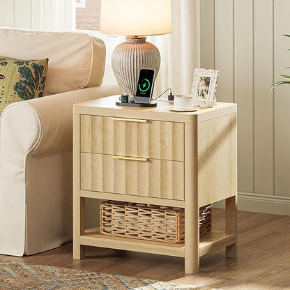 Huuger 27.6 Inch Tall Night Stands with Charger Station, USB-C Port, Fluted Nightstand Set of 2, Larger Wider Bed Side Table with 2 Deep Drawers, Open Shelf, Bedroom Living Room End Table, Natural