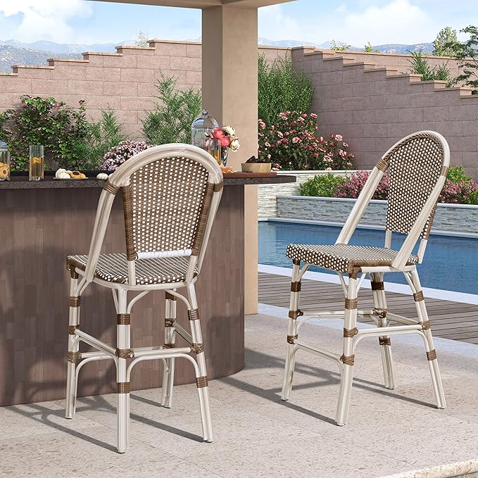 PURPLE LEAF French Bar Stool Set of 4 White Print Finish Patio Bar Stools with Back Rattan Bar Chairs Wicker Bar Height Stool 30" with Footrest Kitchen Island Stools Outdoor Barstool Brown