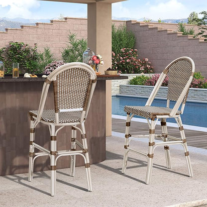 PURPLE LEAF French Bar Stool Set of 4 White Print Finish Patio Bar Stools with Back Rattan Bar Chairs Wicker Bar Height Stool 30" with Footrest Kitchen Island Stools Outdoor Barstool Brown