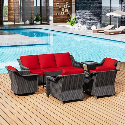 7 Pieces Outdoor Conversation Furniture Set - 77" Patio Sofa, 2 Armchairs, 2 Swivel Glider Chairs, 1 Side Table, 1 Metal Table, Patio Wicker Couch with Washable Cushions for Porch (Red)