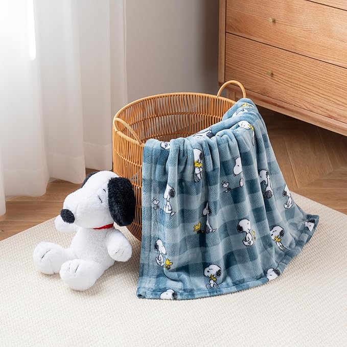 Berkshire Blanket Peanuts® VelvetLoft® Cute Character Snoopy Plush Throw Blanket,Peanuts Snoopy Everyday Buffalo Plaid Navy Tonal,Throw 55 in x 70 in (Official Peanuts® Product)