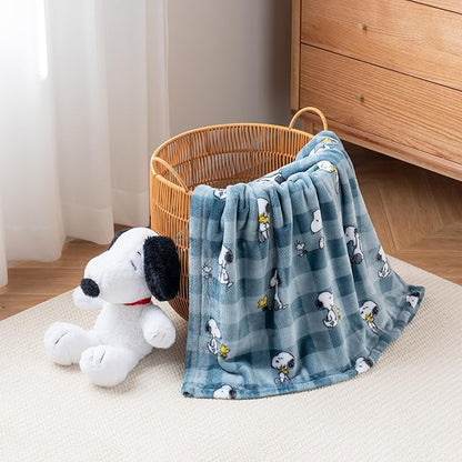 Berkshire Blanket Peanuts® VelvetLoft® Cute Character Snoopy Plush Throw Blanket,Peanuts Snoopy Everyday Buffalo Plaid Navy Tonal,Throw 55 in x 70 in (Official Peanuts® Product)