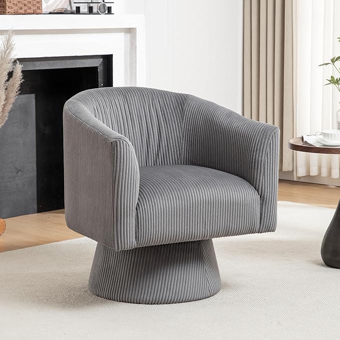 Swivel Accent Chair, Modern 360° Swivel Barrel Chair, Corduroy Upholstered Single Sofa for Living Room, Bedroom(Gray)