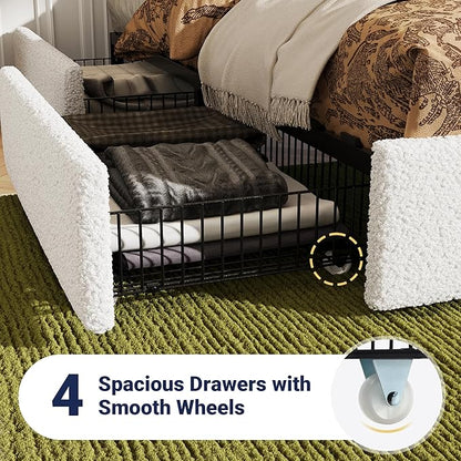 Allewie Full Size Bed Frame with 4 Oversized Storage Drawers, Soft Teddy Fabric, Boucle Upholstered Platform Bed, Wooden Slats Support, Noise-Free, No Box Spring Needed, Easy Assembly, White