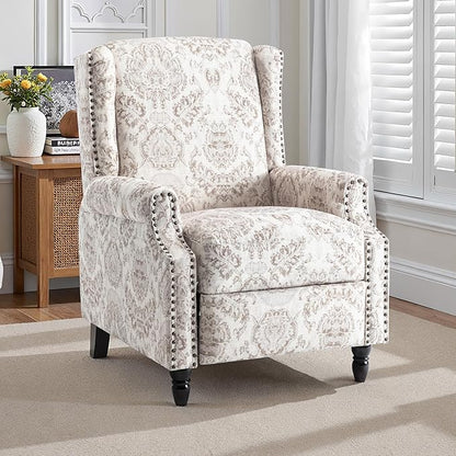 Pushback Recliner Chair, Floral Fabric Wingback Recliner Chair, Upholstered Armchair Push Back Recliner, Rivet Trim Single Sofa Accent Chair with Wood Legs for Living Room, Beige