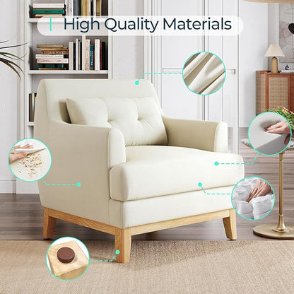 LINSY Accent Chair, Large Reading Chair with Rubberwood Base, Mid Century Modern Armchair with Lumbar Pillow, Cozy Single Sofa Chair for Living Room Bedroom Office Study, Velvet Arm Chair, Beige