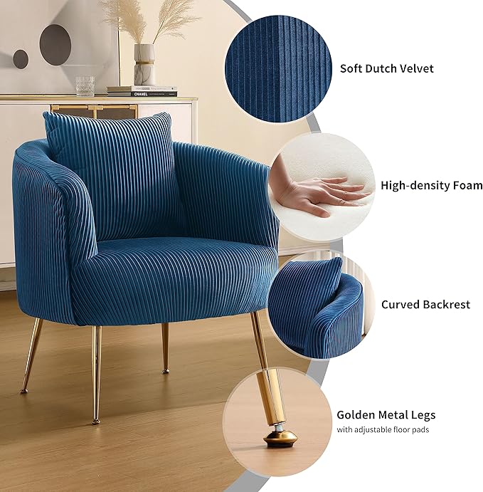 Art Leon Velvet Accent Chair, Upholstered Modern Single Sofa Chair, Comfy Barrel Chair with Golden Metal Legs for Living Room Bedroom, Blue