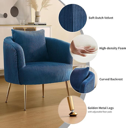 Art Leon Velvet Accent Chair, Upholstered Modern Single Sofa Chair, Comfy Barrel Chair with Golden Metal Legs for Living Room Bedroom, Blue