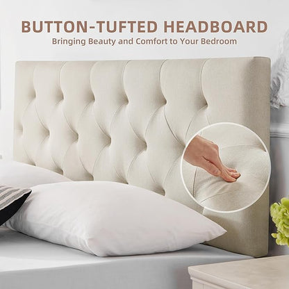 Linen Upholstered Headboard Twin Size, Diamond Tufting Solid Wood Twin XL Headboard Only, Adjustable Height from 37” to 51” Head Board, Dorm Bed Frame or Wall Mount Headboards, Beige