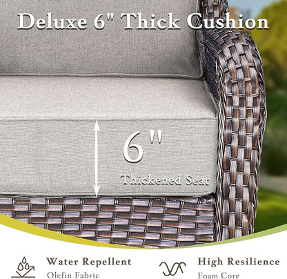Luxury Outdoor Swivel Rocker Patio Chairs, High Back Swivel Patio Chairs with Side Table & 6-Inch Thick Cushions, Wicker Outdoor Bistro Set for Porch, Yard, Deck, Poolside, Brown/Beige